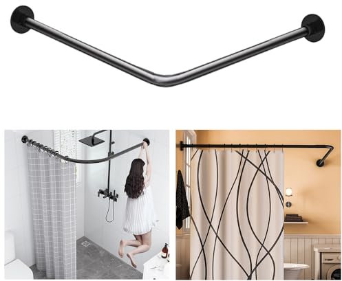 Sikaiqi Dehnbare 304 Edelstahl L-Form Duschvorhangstange, verstellbar (Schwarz, 60-92 cm x 60-92 cm), 90° gebogen, bohrfreie Installation, rostfrei & stabil, kein Durchhängen – Ideal für Bad