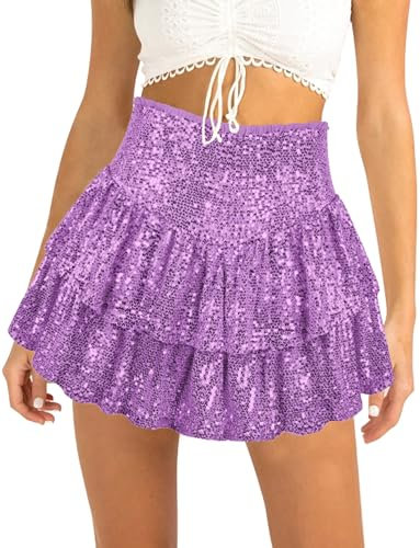 SEAUR Gonna Elastica a Vita Alta da Donna, Gonna Corta Sexy di Paillettes, Gonna a Pieghe, Mini Gonna Vintage, Gonna a Pieghe in Tinta Unita, Viola, M