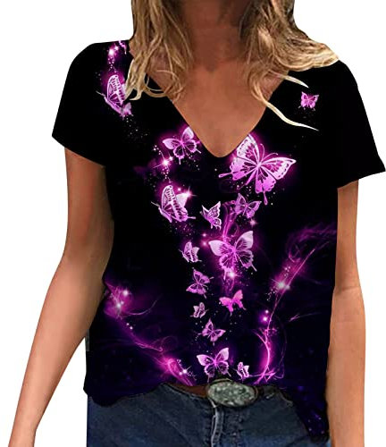 Tshirt Damen Sommer - Damen Oberteile Sommer Mode Bluse für Frauen 2021 Sexy V Ausschnitt Kurzarm Blumendruck Shirts Loose Fit Sommer Casual Tops Zum Verstecken des Bauches Bluse Damen Sommer Kurzarm