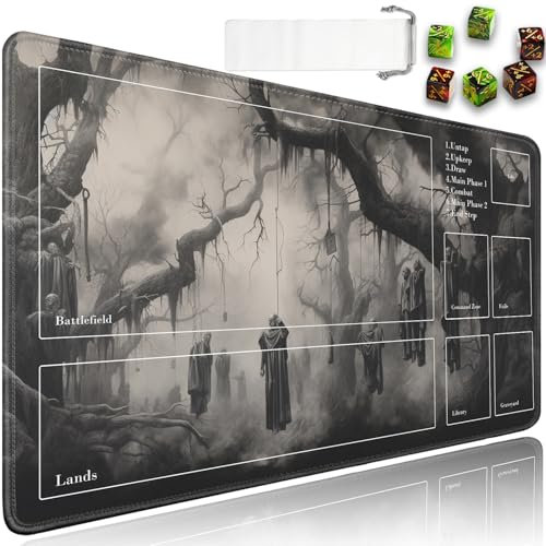 JVGFYNKL TCG Spielmatte mit Zonen, 61 x 35,6 cm, rutschfestes Gummi für MTG-Spielmatte mit Kordelzug, Reisetasche und 6 Würfel, für MTG-Matte, Baum des Todes, Skelett-Muster, Kartenspiel-Spielmatten
