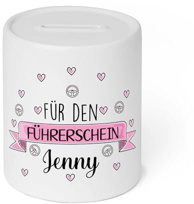 Personalisierbare Spardose für den Führerschein mit Namen | Perfekt für Mädchen | Hochwertige Keramik Spardose mit femininem Design | Geschenkidee