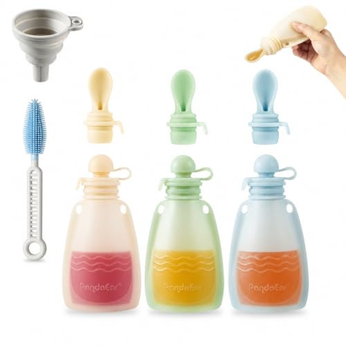 PandaEar 3 Stück Wiederverwendbare Silikon Babybrei Beutel, Quetschbeutel für Kleinkinder mit 3 Püree-Fütterungslöffeln, BPA-freie Nachfüllbare Babybrei Aufbewahrung (Beige/Blau/Grün)