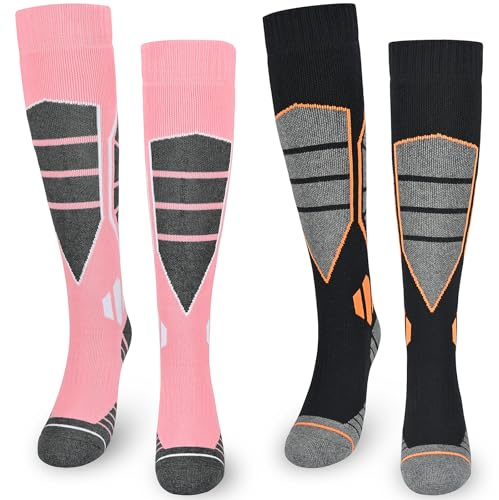 ouhos Lot de 2 paires de chaussettes de ski thermiques hautes pour femme 38-42, chaussettes d'hiver chaudes et épaisses pour la marche, la randonnée, la neige, le snowboard