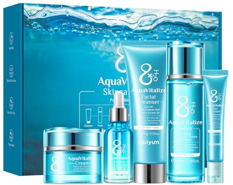 QUIYUM Set per la Cura Della Pelle del Viso, 5 Pezzi Set Regalo per la Cura Della Pelle, con Detergente, Tonico, Crema per Gli Occhi, Siero, Crema Viso Idratante Donna, per Donne e Adolescenti