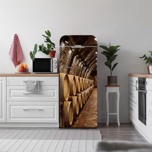 Alwayspon 56x163cm Wine Cellar Barrels Self-Adhesive Vinyl Fridge Wrap, Peel and Stick Fridge Stickers Covers Skins, Removable Refrigerator Mural Decal for Kitchen Home Decor