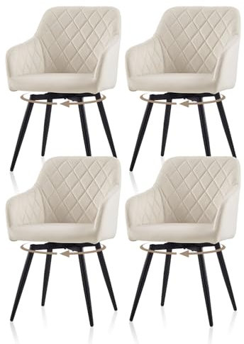 TUKAILAI Esszimmerstühle Drehbar 4er-Set Samt, Drehstuhl Esszimmer mit Armlehnen Rückenlehne Metallbeine,Küchenstuhl Polsterstuhl Armlehnenstuhl für Wohnzimmer Küche Schlafzimmer, Creme