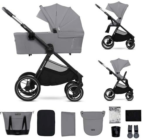 Kinderkraft NEA 2 Kinderkraft buggy von Geburt bis 22 kg, Zusammenklappen mit einer Hand, Liegeposition, großes Verdeck, alle 4 Räder gedämpft, extrem leicht, UPF50+, Korb bis zu 5 kg, Grau