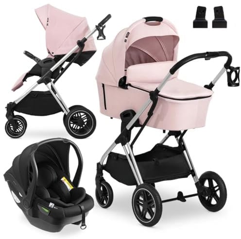 hauck 3in1 Kinderwagen Set Vision X mit Drive N Care Babyschale - Kombikinderwagen mit Federung und höhenverstellbarem Sitz - Melange Rose