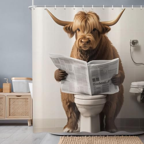 ASDCXZ Tenda da Doccia Divertente Mucca 180x200 cm, Rustico Altopiano Mucca Lettura Giornale Vintage Fattoria Animale Impermeabile Poliestere Tessuto Lavabile Tenda da Bagno con 12 Ganci