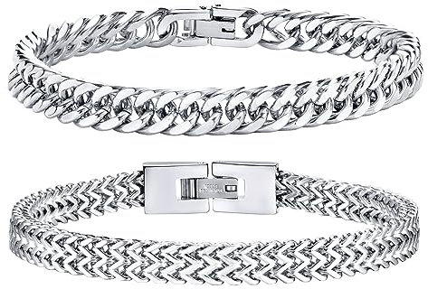 Herren Armband Edelstahl Armbänder Panzerkette - 2 Stücke Silber Herrenarmbänder für Männer Jungs Kubanische Armband 8mm Breite 20cm Länge Geschenke für Papa Sohn Bruder Freundschaft Ehemann