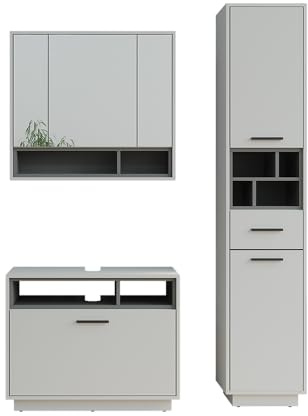 Vicco Badmöbel-Set Beatrice, Grau/Anthrazit, 80 cm | besteht aus Waschbeckenunterschrank, Spiegelschrank und Hochschrank