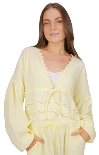 Musselin Bluse mit Bordüre zum Binden, Spitze & Bindeband – im Boho Stil Frühling/Sommer - Laura
