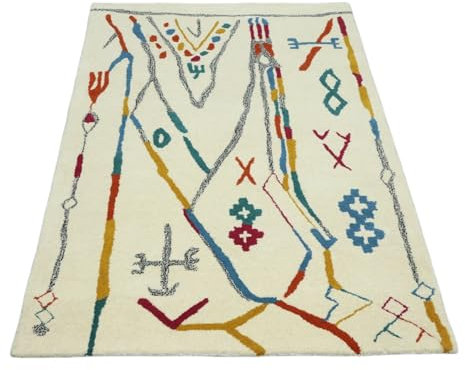 Wollteppich 120x180 Beige Bunt Berber Muster Marokko Stil Teppich Handgetuftet