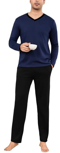 Bresdk Men's Pyjama Sets Cotton Pjs Long Sleeve Soft Pyjamas Bottoms Winter Nightwear Blue L
