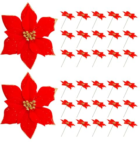Kiiwah 30 Stück Weihnachtsbaum Blumen, Weihnachtsstern Künstlich Kunstblumen Weihnachtsbaum Deko Blumen für Weihnachtsbaum Ornamente (Rot)