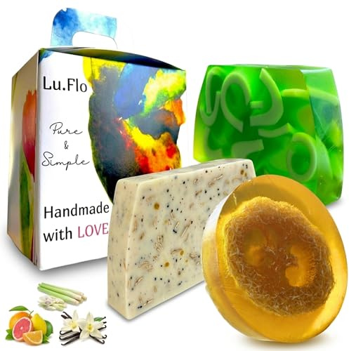 Lu.Flo Seifen Geschenkset 3x100 g, Handgemachte Glycerinseifen | Vanille, Citrus, Grapefruit und Lemongras, mit Luffa, Hafer und Aprikosenkern