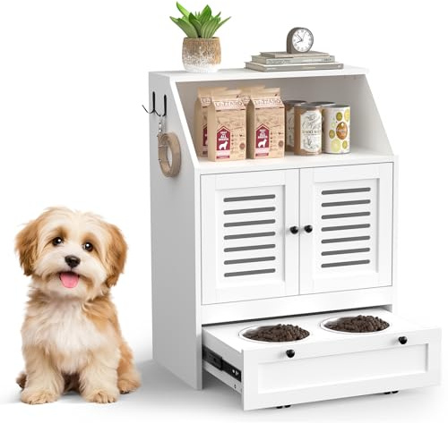 Skokliz Haustier-Futterschrank Futterschrank Hund mit Lagerschrank, 2 Edelstahlnäpfen, 2 in 1 Lagerschrank & Futterstation, Futterstation mit offenem Fach, Hundefutterstation für Hunde, 60x35 x82 cm