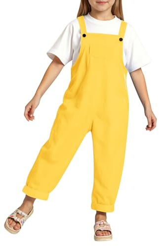Girls Jumpsuit Adjustable Spaghetti Strap Loose Overalls Rompers, Cotton Baggy Plain Playsuits Long Pants Dungarees with Pockets for Age 5-12 Years