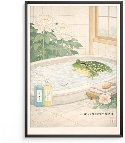 Japanisches Badezimmer Frosch Poster Wohnzimmer – Zen Spa Wanddeko im Vintage Stil, Aesthetic Japandi Wandbild, Ruhiges Deko Bild für Bad & Schlafzimmer