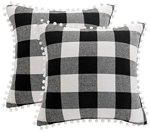 PiccoCasa Kissenbezug kariert 2er Set Dekokissenbezug mit Pompoms Dekorative Kissenbezug 45x45cm mit Verstecktem Reißverschluss Schwarz und Weiß