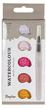 Rayher 38615258 Watercolour Metallic, 5 Rosétöne, inklusiv H2O Pinsel, hochwertige glänzende Metallic-Aquarellfarben, Wasserfarben