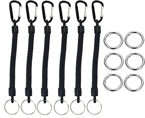 Tucireat Elastisch Spiral Schlüsselanhänger 12 Stück Kunststoff Frühjahr Seil Metall Schlüsselanhänger Ring öffnen Karabinerhaken Angeln Lanyard,zum Angeln, Wandern, Bergsteigen(Silber,Schwarz)
