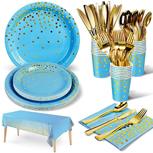 141 Stück Himmelblaugold Partygeschirr, Pappteller Kindergeburtstag Set, Geburtstag Party Geschirr, Partyzubehör Papier Wiederverwendbar Geschirr Set einschließlich Papier Teller Becher -20 Gäste