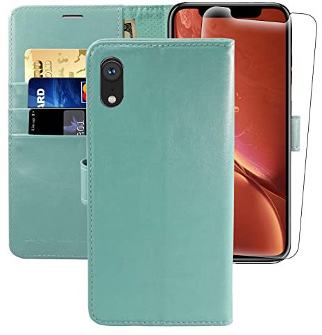 MONASAY Schutzhülle für iPhone XR, 15,5 cm (6,1 Zoll), [Glas-Displayschutzfolie im Lieferumfang enthalten], Flip-Folio-Leder-Handyhülle mit Kreditkartenfach für Apple iPhone XR, Mintgrün