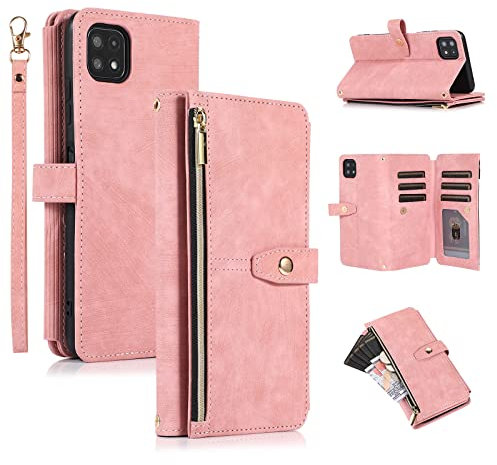 UEEBAI Étui pour Samsung Galaxy A22 5G, Portefeuille Cuir PU Rétro Rabat Antichoc Housse avec Dragonne Fentes Cartes Fonction Support Fermeture Magnétique - Vintage Or Rose
