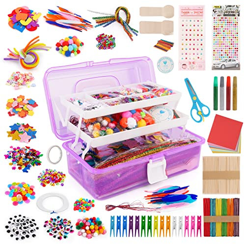 KEWUZY Bastelsets für Kinderbastelkoffer, 2200+ Bastelset Kinder ab 3-12 Jahre, Pfeifenreiniger, Pompons, Gabel, Löffel, Wackelaugen, Pailletten Bastelbedarf für Kleinkinder