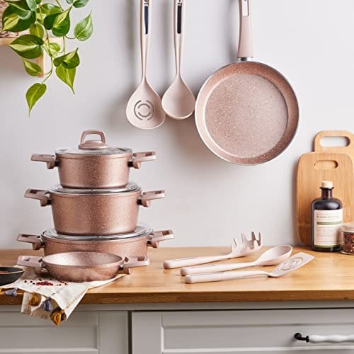 Karaca 13-Piece Cookware Set - Non-Stick & Induction Pots and Pans Set, 3 Biogranite Pots with 3 Glass Lids&1 Granite Frypan&1 Shallow Pan, Dishwasher-Safe, Rosegold