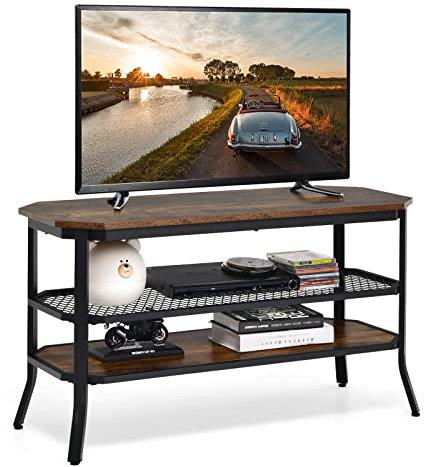 COSTWAY TV Stand for TVs up to 46 Inches, Wooden TV Cabinet Media Entertainment Center with Mesh Storage Shelf & Metal Frame, Industrial TV Unit Console Table for Living Room Bedroom