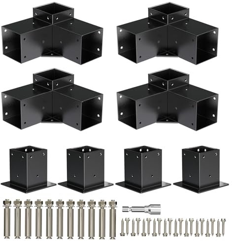 APRILSOUL 4x4 Pergola Kit, Includes 4 Three-Way Corner Brackets and Post Bases for 3.5 Wood Posts, Durable Right Angle Hardware for Outdoor Gazebo Structures
