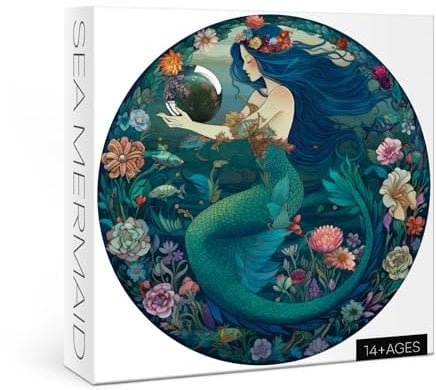 BBOLDIN Ocean Mermaid Puzzle 1000 Pieces, Sea Princess Fairy Mandala Jigsaw Puzzles for Adults, Zodiac Mystic Underwater Green Round Puzzles