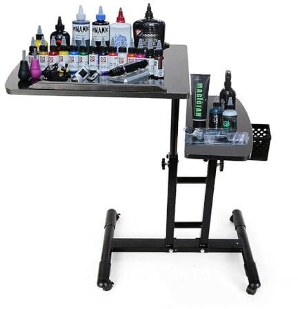 Tatouage WorkStation - Établi de tatouage - Portable - 61 à 107 cm - Hauteur réglable - Grand repose-bras - Table d'appoint avec roulettes - Accessoire de tatouage pour salon de studio