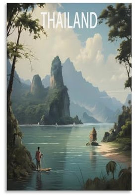 Vintage-Reiseposter mit Thailand-See-Motiv, Landschaft, 40 x 60 cm, Leinwand-Kunst-Poster für Wohnzimmer, Dekoration, Gemälde für Heimdekoration