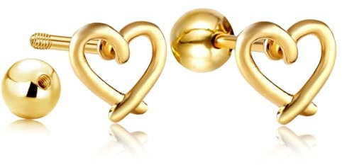 Gold Herz Ohrstecker, WGXIA Kleine Liebe Herzen Schraube Runde Rückseite Ohrringe Edelstahl Antiallergisch Ohrringe Schmuck für Frauen und Mädchen (Hohl-Gold)