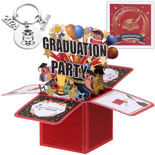 BOFUNX Biglietto Auguri Laurea Pop Up 3D Biglietto Regalo Laurea con Portachiavi Congratulazione Gadget Laurea per Donna Uomo Maestra Insegnanti Studenti