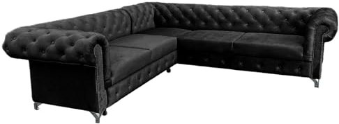 Meble Ares Elegante Chesterfield Sofa mit Quilten ASTI - 267 x 78 x 98 cm Bequemes Sofa 3 sitzer für das Wohnzimmer, Büro - Stilvolles Couch Mit Silbernen Beinen - Samt Schwarz
