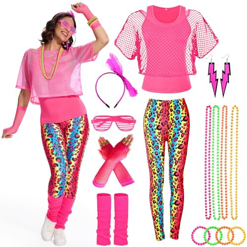 Ulikey 80er 90er Jahre Outfit Damen, Kostüm 80er Jahre Damen Bunte Leggings, Aerobic Outfit 80er Damen, 90er Neon Party Outfit Damen Zubehör Set mit Gläser, Halskette (Pinke Farbe, L)
