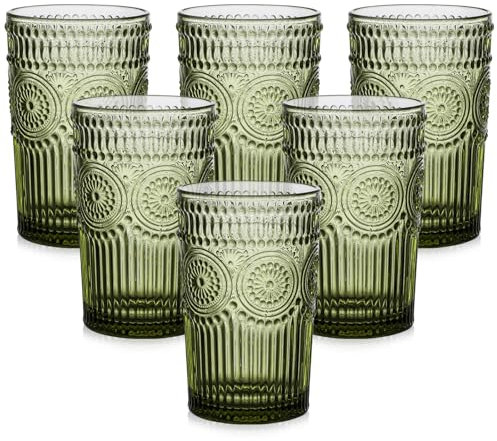 ZMOWIPDL Vintage Glassware Drinking Glasses Set of 6,13 oz Green Textured Flower Design Glass Water Tumblers,Embossed Striped Drinkware for Water,Cocktails,Juice,Iced Coffee