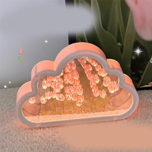 DIY Cloud Tulip Spiegel Nachtlicht, 20 rosa Blumen Kunststoff eingebaute Batterien DIY Wolkenspiegel Tulpe Lampe handgefertigte Tulpe Tischlampe Desktop Dekoration Ornamente für Schlafzimmer