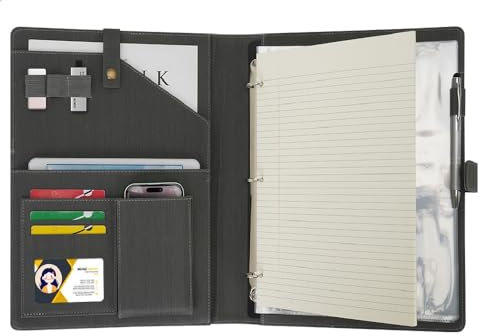 Wonderpool Porte-documents en Cuir A4 Padfolio Anneaux Planchettes à pince Classeur Ramovible avec Portebloc Notes et Organiseur Multi-poches pour Bureau Conférence Réunion et Travail (Gris)