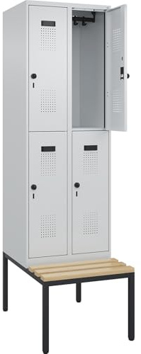 kaiserkraft | Doppelstock-Spind Evolo Plus Sitzbank | 2 Abteile | lichtgrau/lichtgrau | B 600 mm | Sicherheits-Drehriegel | mit untergebauter Sitzbank | Buche