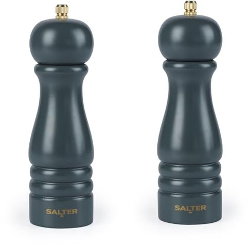 Salter Olea Salt & Pepper Grinder Set of 2 – Single Wooden Seasoning Mill, Adjustable Grind Coarse to Fine, Ceramic Mechanism, Manual Grinding for Salt Crystals & Whole Peppercorns, Rustic, Green