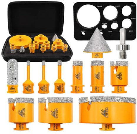 EXFEIN - Set di 12 punte per piastrelle a tazza per piastrelle 6/6/8/20/25/35/50/68/110 mm + trapano da 20 mm + smusso smussato da 50 mm + adattatore per piastrelle, porcellana, marmo, granito