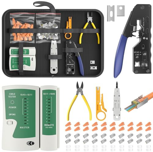 WildFun RJ45 Crimp Tool Kit, Ethernet Crimping Tool Set mit 20PCS Pass Through Connectors &Protection Boots, Netzwerkkabel Tester, Wire Stripper und Wire Cutter in einer Stofftasche