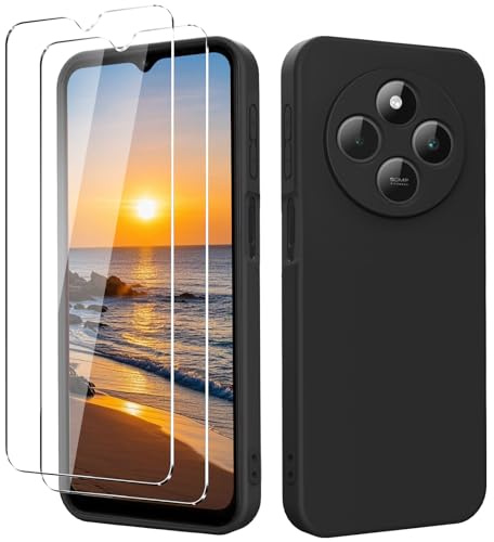 YXKJ - Hülle für Redmi 14C / Poco C75 / Redmi A4, mit 2 Stück Panzerfolie, Ultra Dünn Flüssigsilikon mit Microfiber Schutzhülle [Seidige Berührung] [Stoßfest] [Kratzfest] - Schwarz