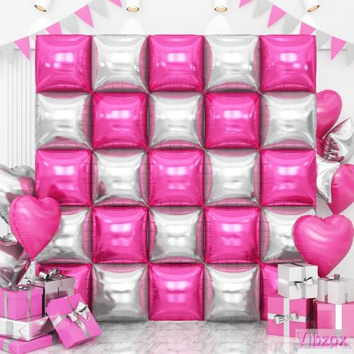 Lot de 25 ballons carrés en aluminium rose vif et argenté double face pour décoration de fête d'anniversaire, fête de princesse, galentines, Saint-Valentin