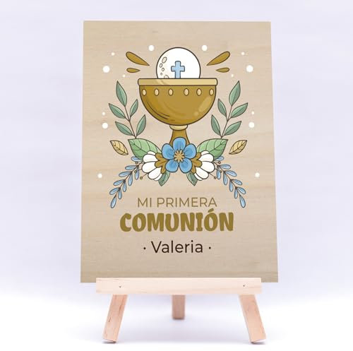cartel madera comunion decoracion bienvenida personalizado caballete evento religioso niño niña mesa dulce cruz caliz paloma letrero identificacion fiesta adorno recuerdo nombre fecha (Flor)